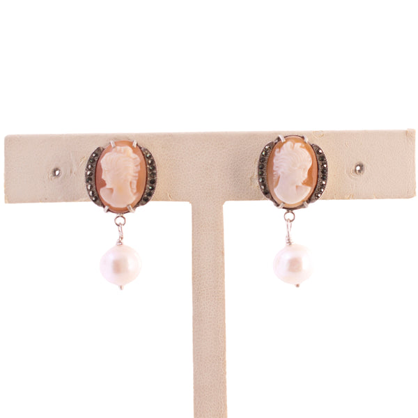 Upcycled Cameo and Pearl Earrings