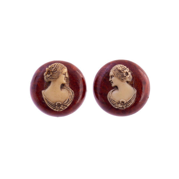 Wooden Cameo Button Earrings