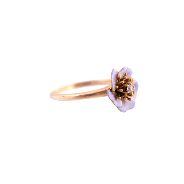 14K Gold Enameled Diamond Flower Ring