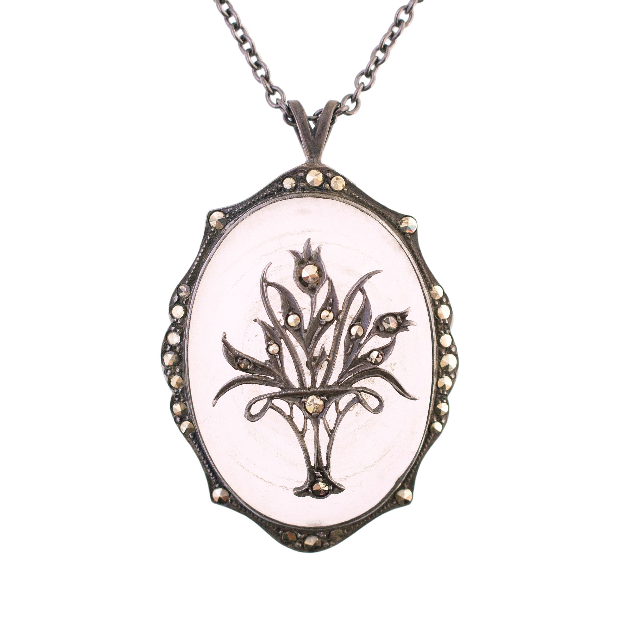 Floral Marcasite Pendant on Black Stainless Chain