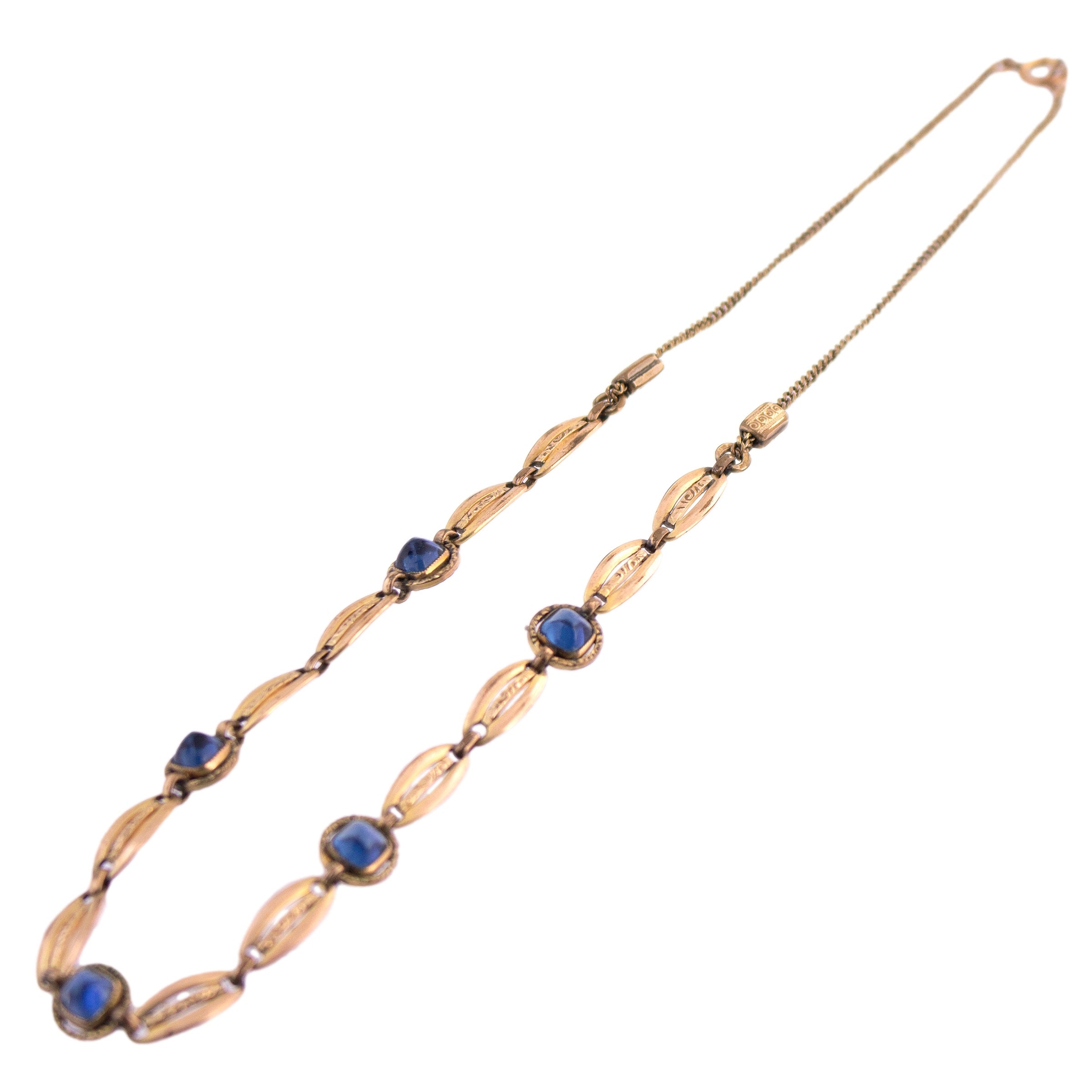 Gold Filled Blue Cabochon Decorative Link Necklace