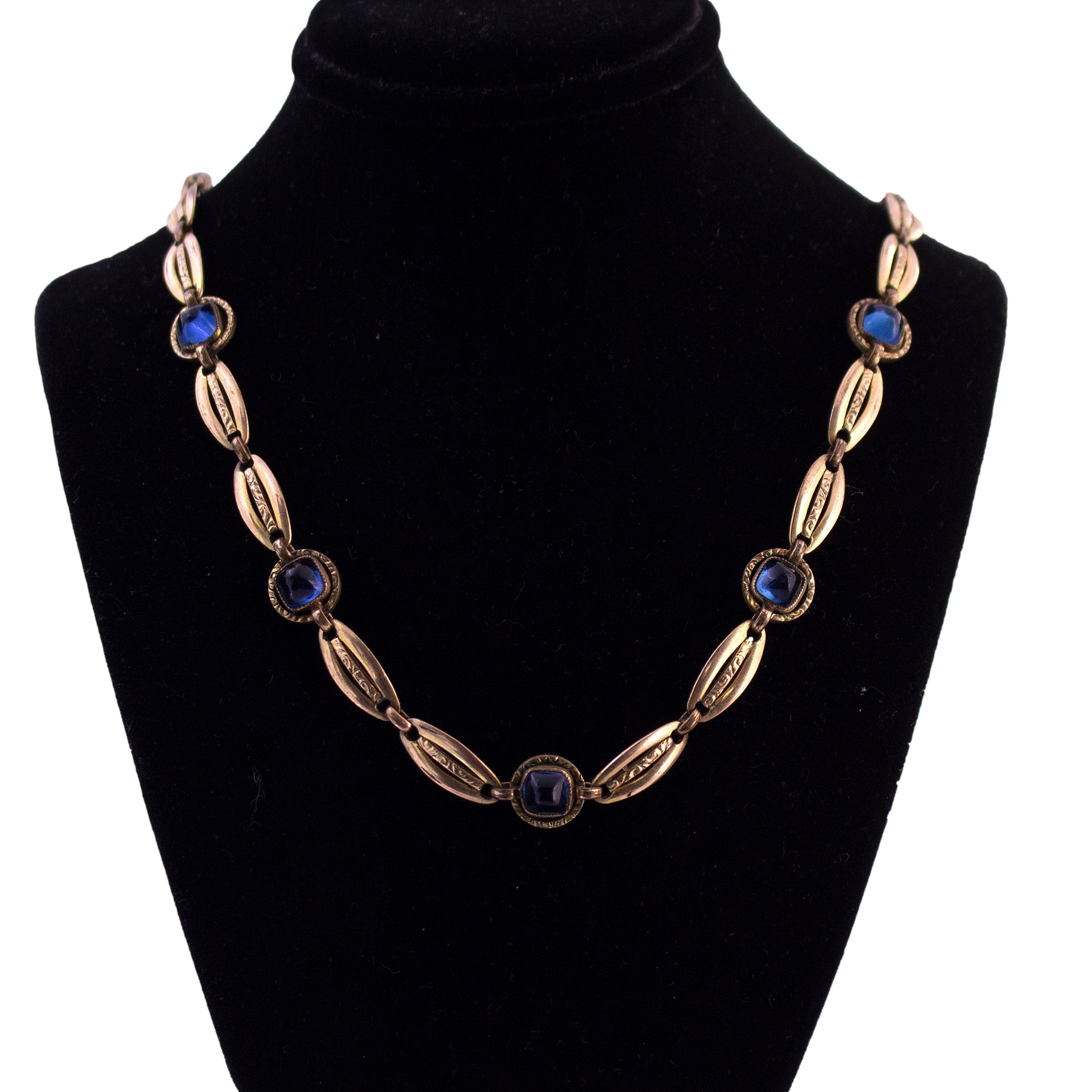 Gold Filled Blue Cabochon Decorative Link Necklace