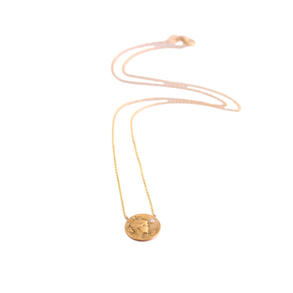 14K Gold Lady and Diamond Coin Style Necklace