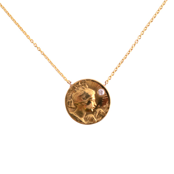 14K Gold Lady and Diamond Coin Style Necklace