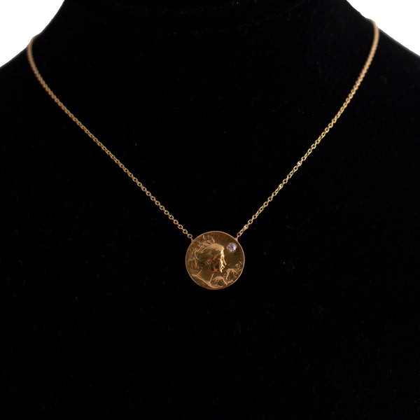 14K Gold Lady and Diamond Coin Style Necklace