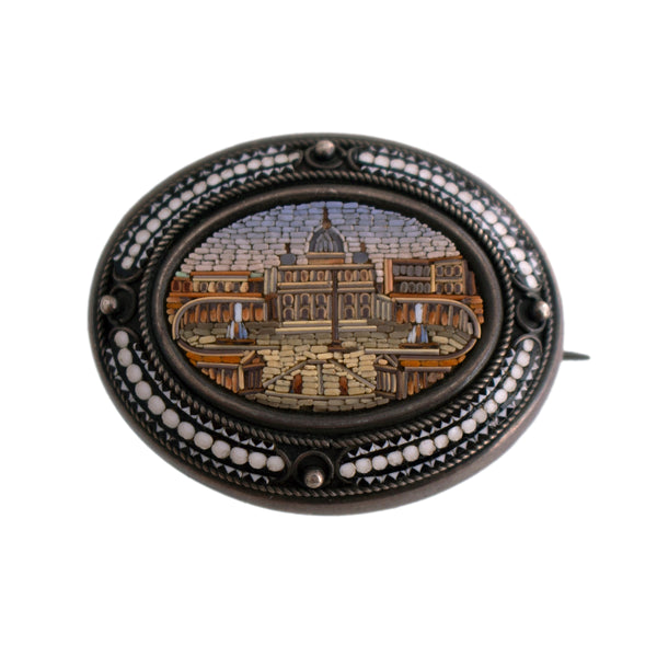 Antique Sterling Vatican Micro Mosaic Brooch