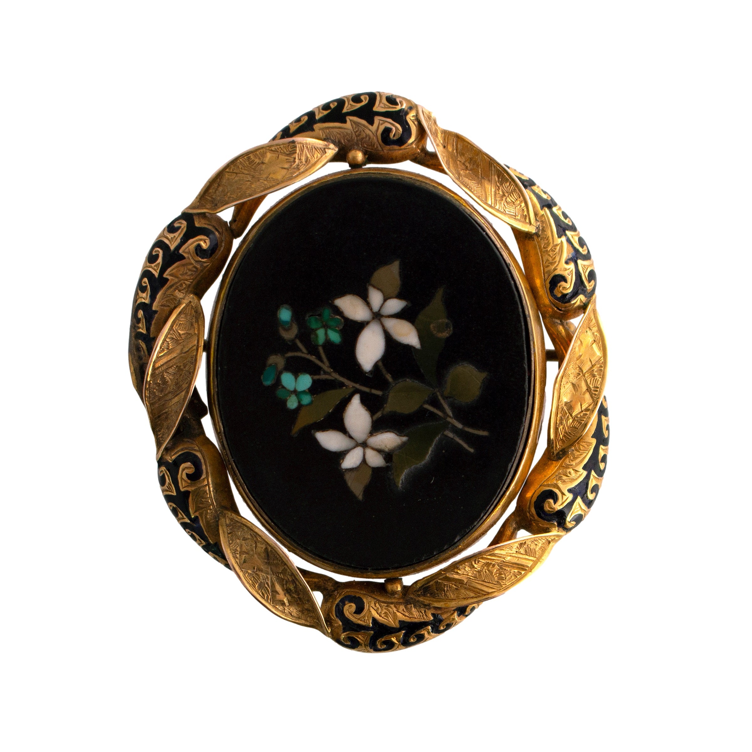 Antique Pietra Dura 9K Gold Enamel Swivel Brooch