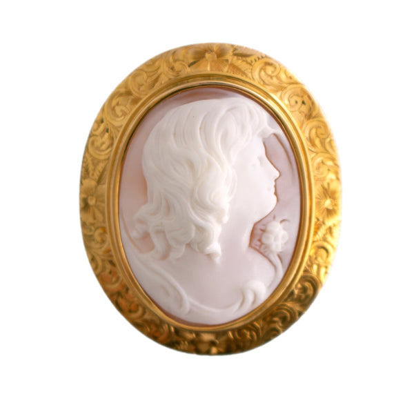 14K Gold Shell Cameo Brooch with Engraved Frame