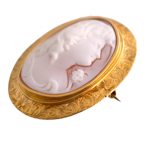 14K Gold Shell Cameo Brooch with Engraved Frame