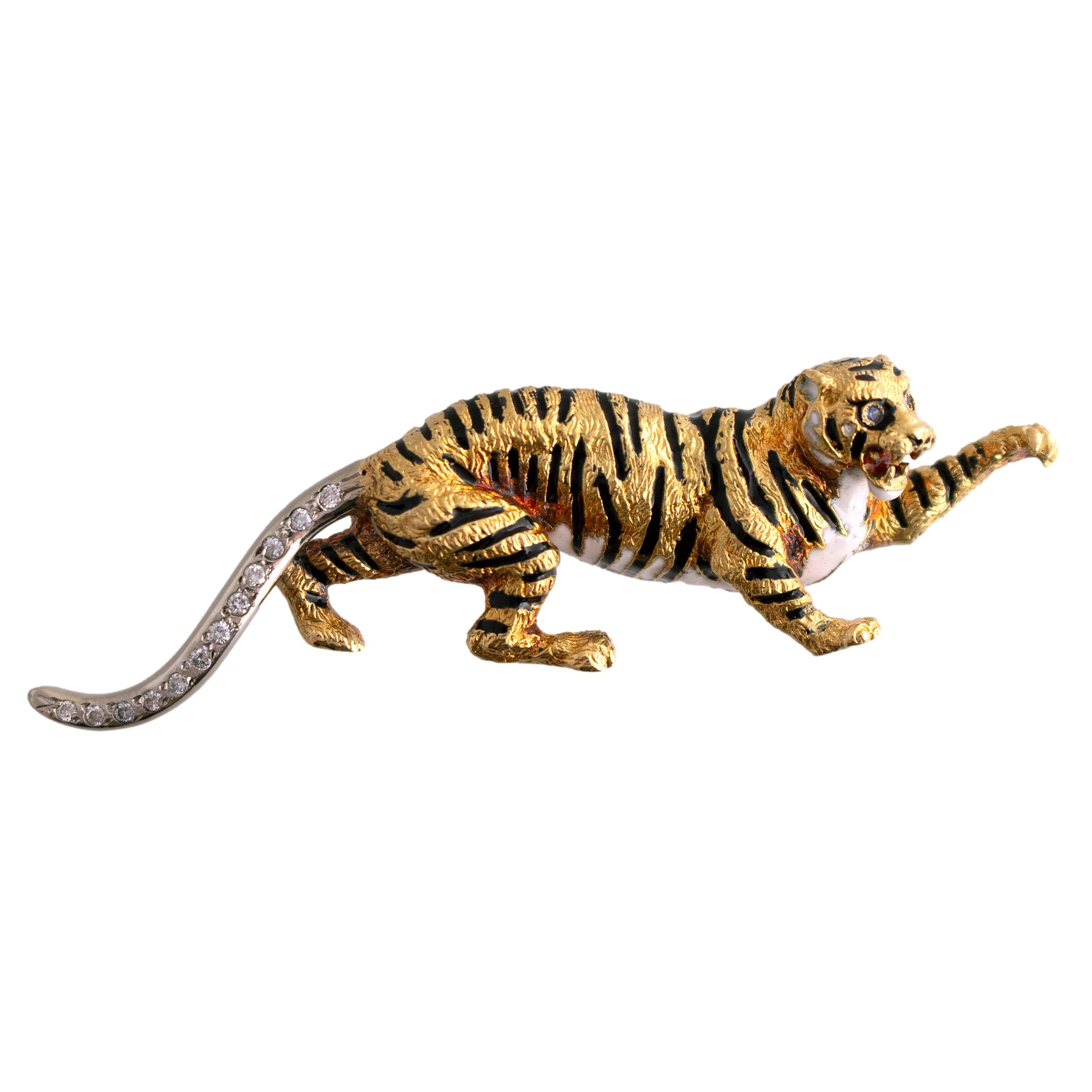 18K Gold Enamel Tiger Brooch with Diamonds