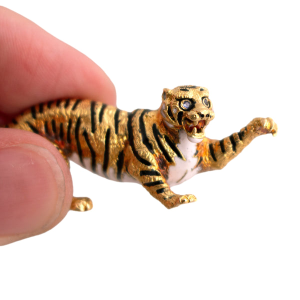 18K Gold Enamel Tiger Brooch with Diamonds