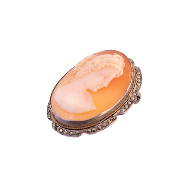 Vintage Shell Cameo Pin with Marcasites
