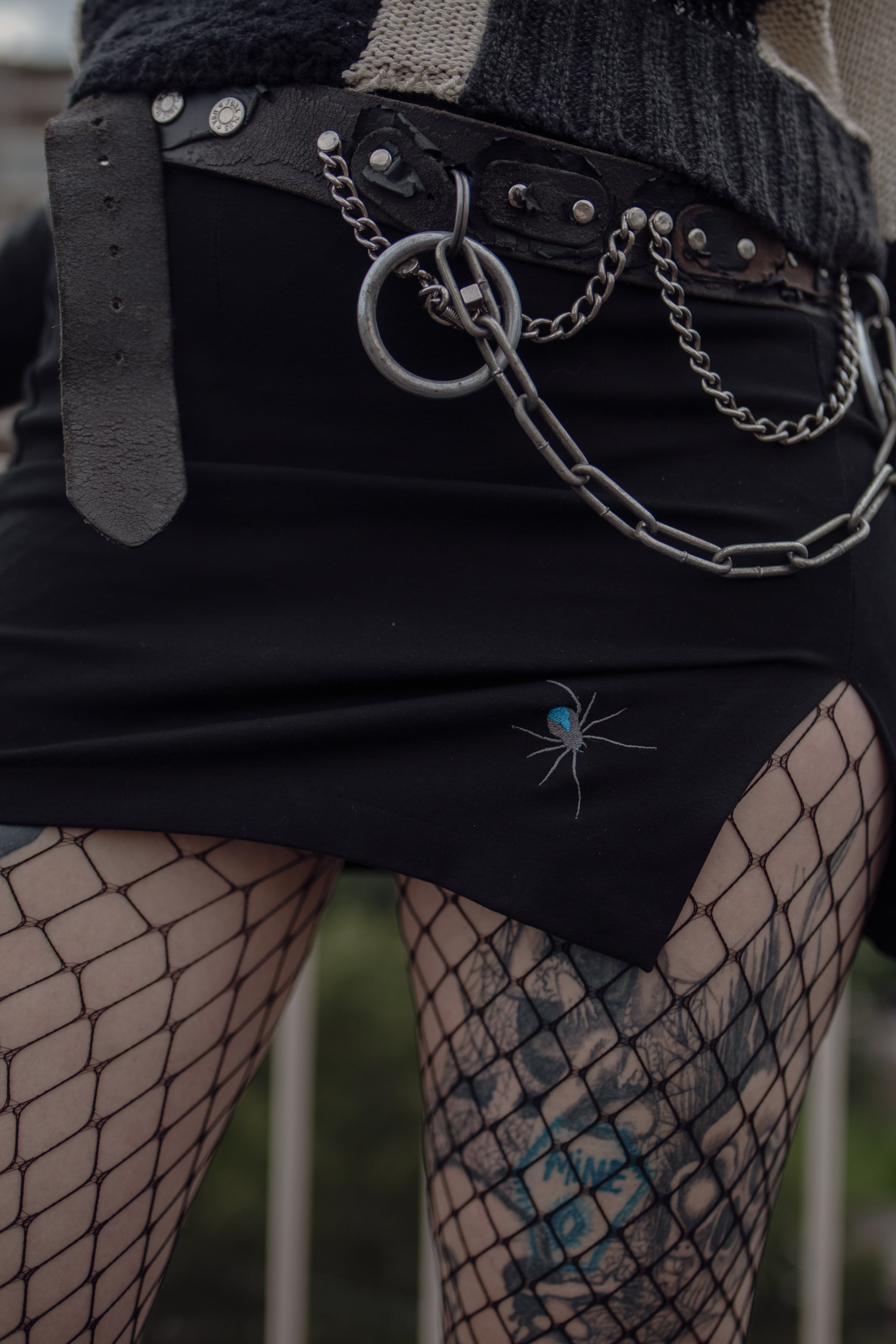Upcycled Black Mini Skirt with Spider
