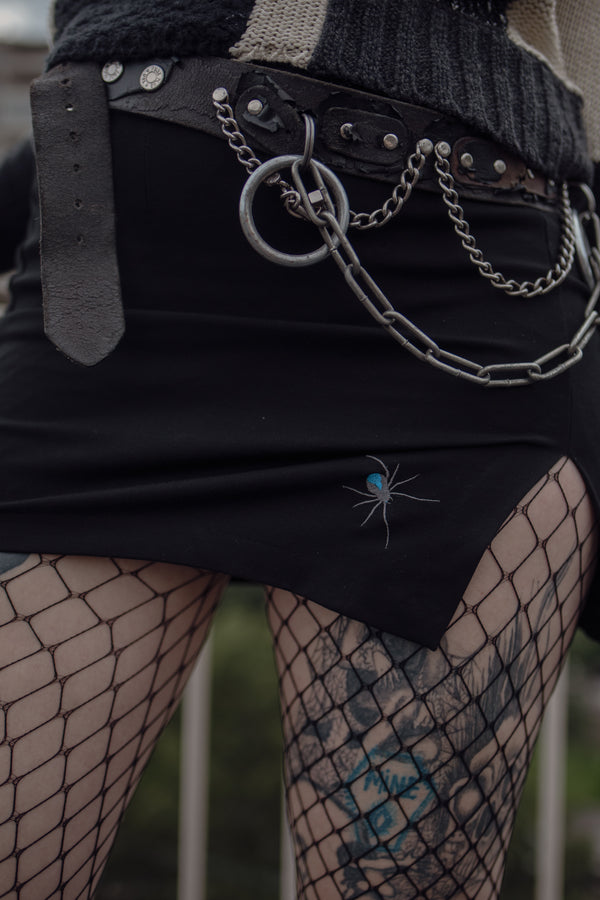 Upcycled Black Mini Skirt with Spider