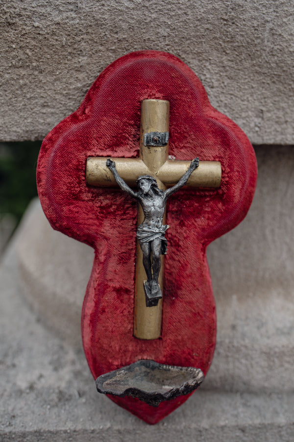 Antique Red Velvet Crucifix with Holy Water Font