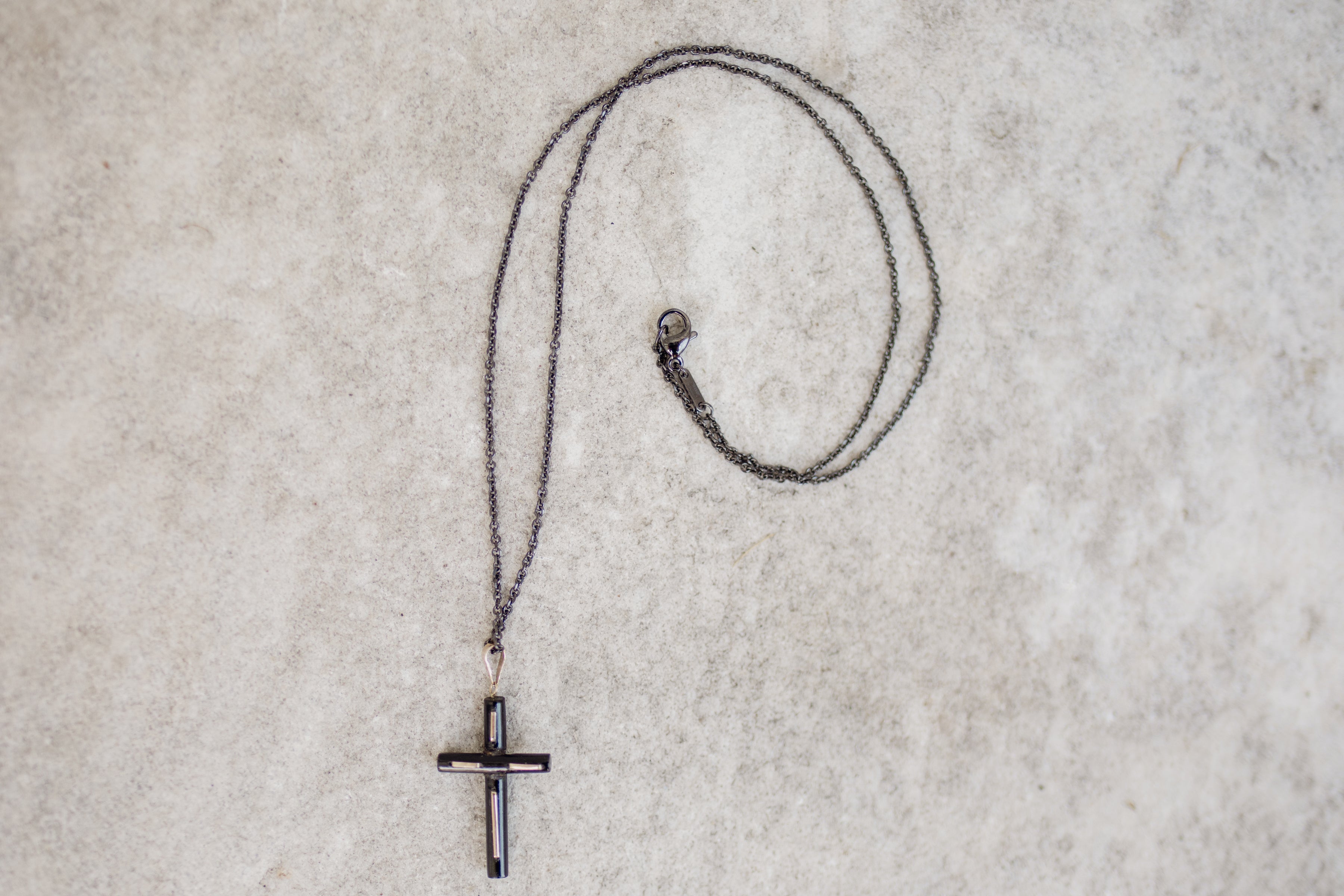 14K Gold and Ebony Cross on Black Stainless Chain