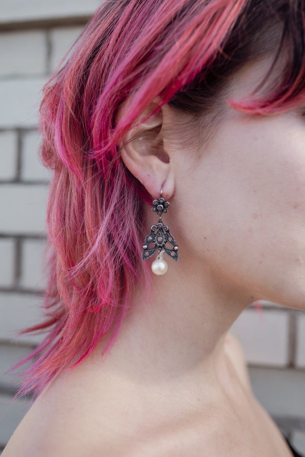 Antique Silver Rose Cut Dangle Earrings