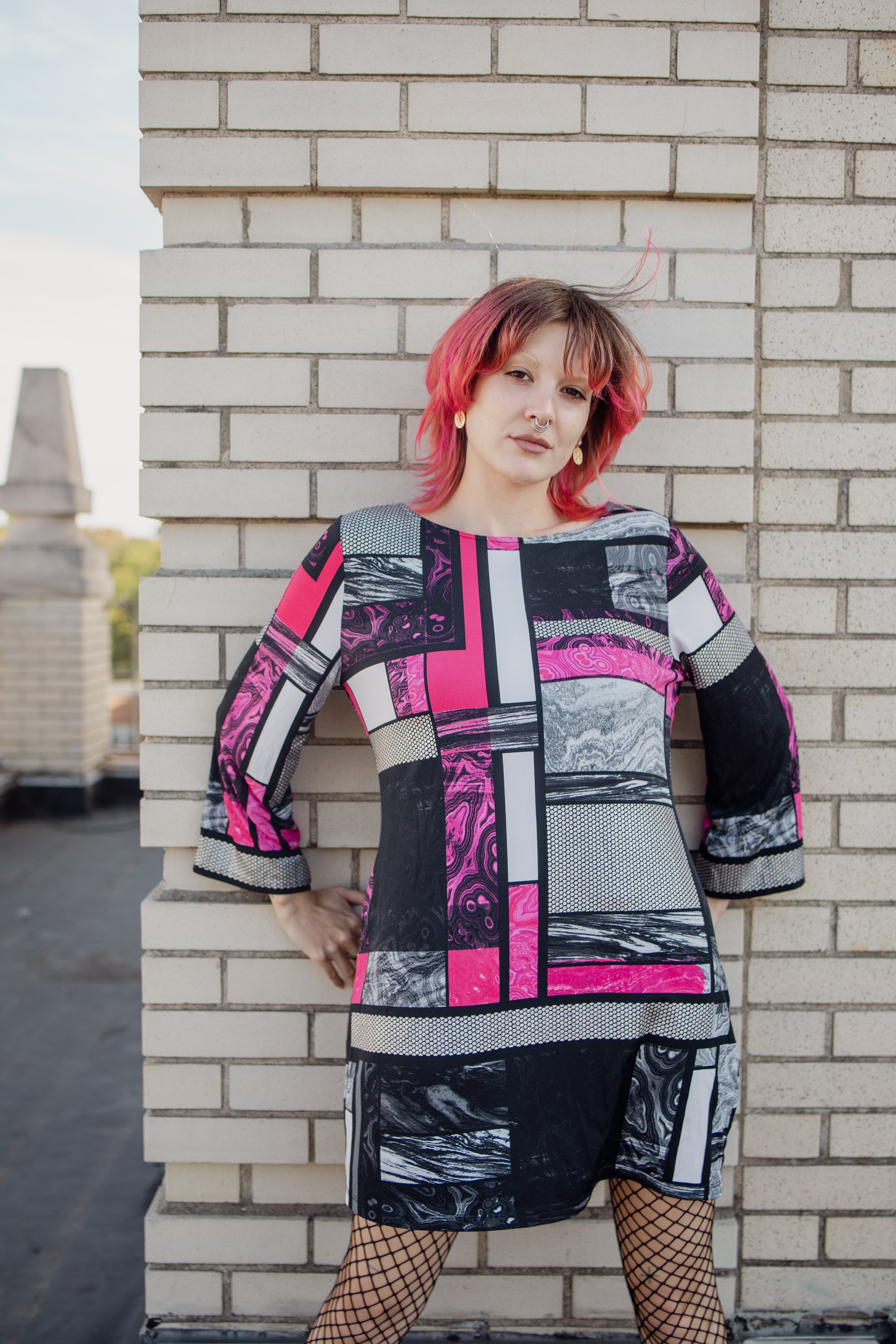 Pink Patterned Colorblock Dress