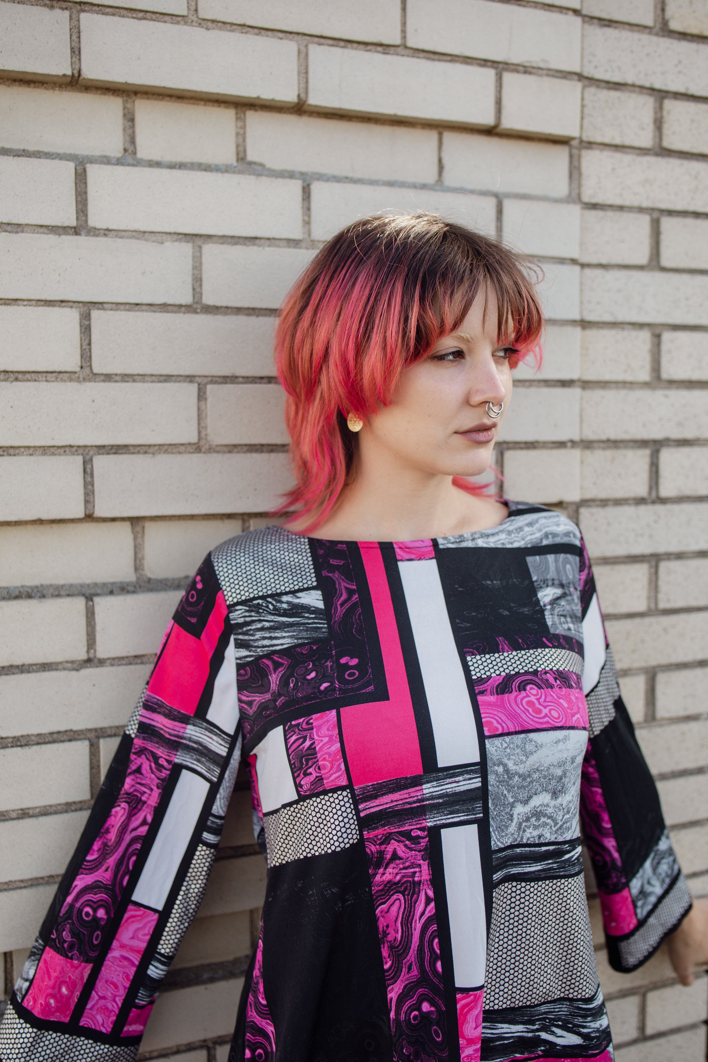 Pink Patterned Colorblock Dress