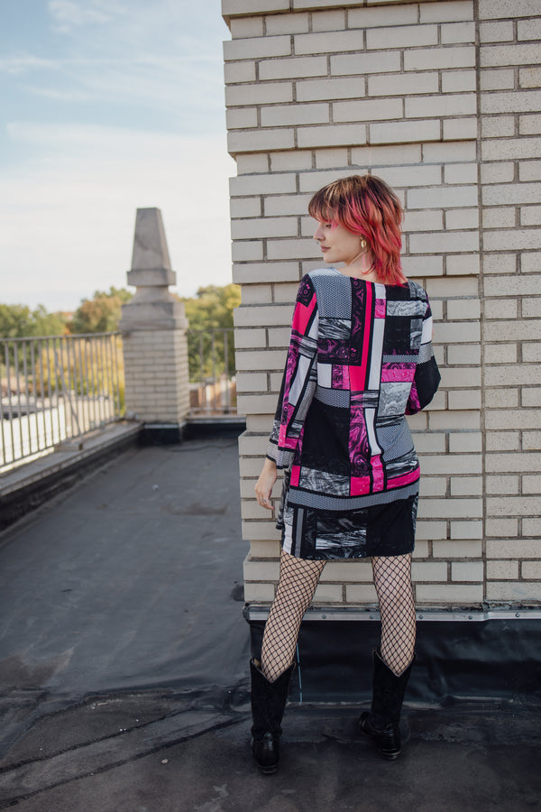 Pink Patterned Colorblock Dress