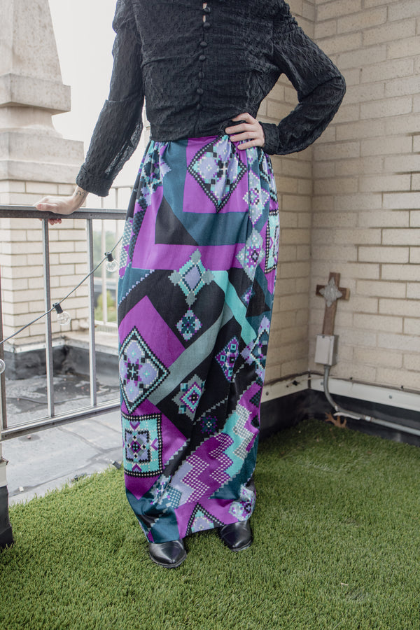 Black Lace and Purple Geometric Maxi Dress