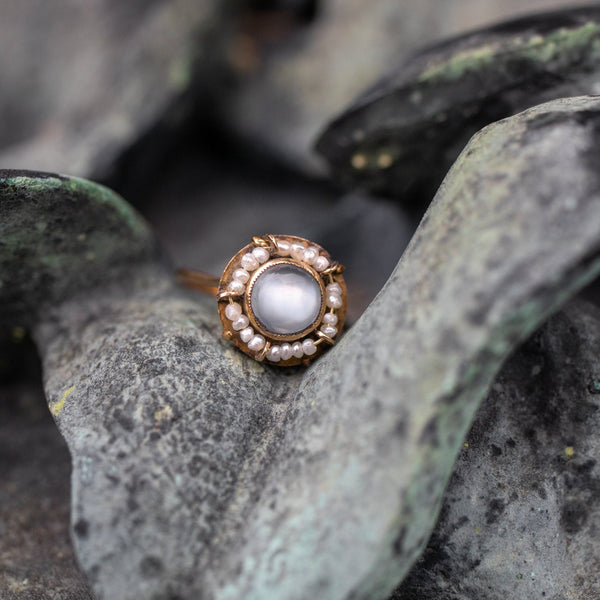 Antique Moonstone and Seed Pearl Ring