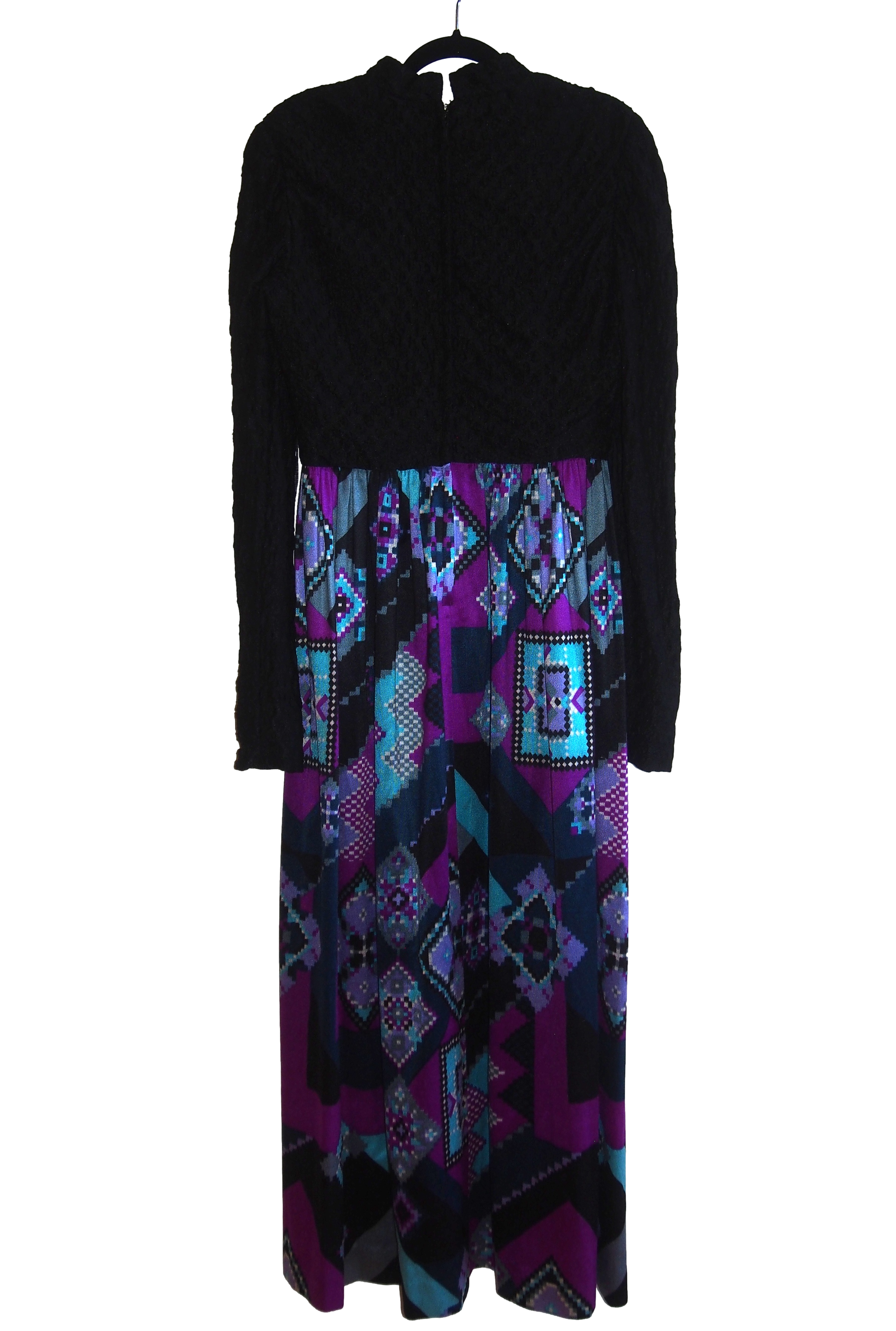 Black Lace and Purple Geometric Maxi Dress