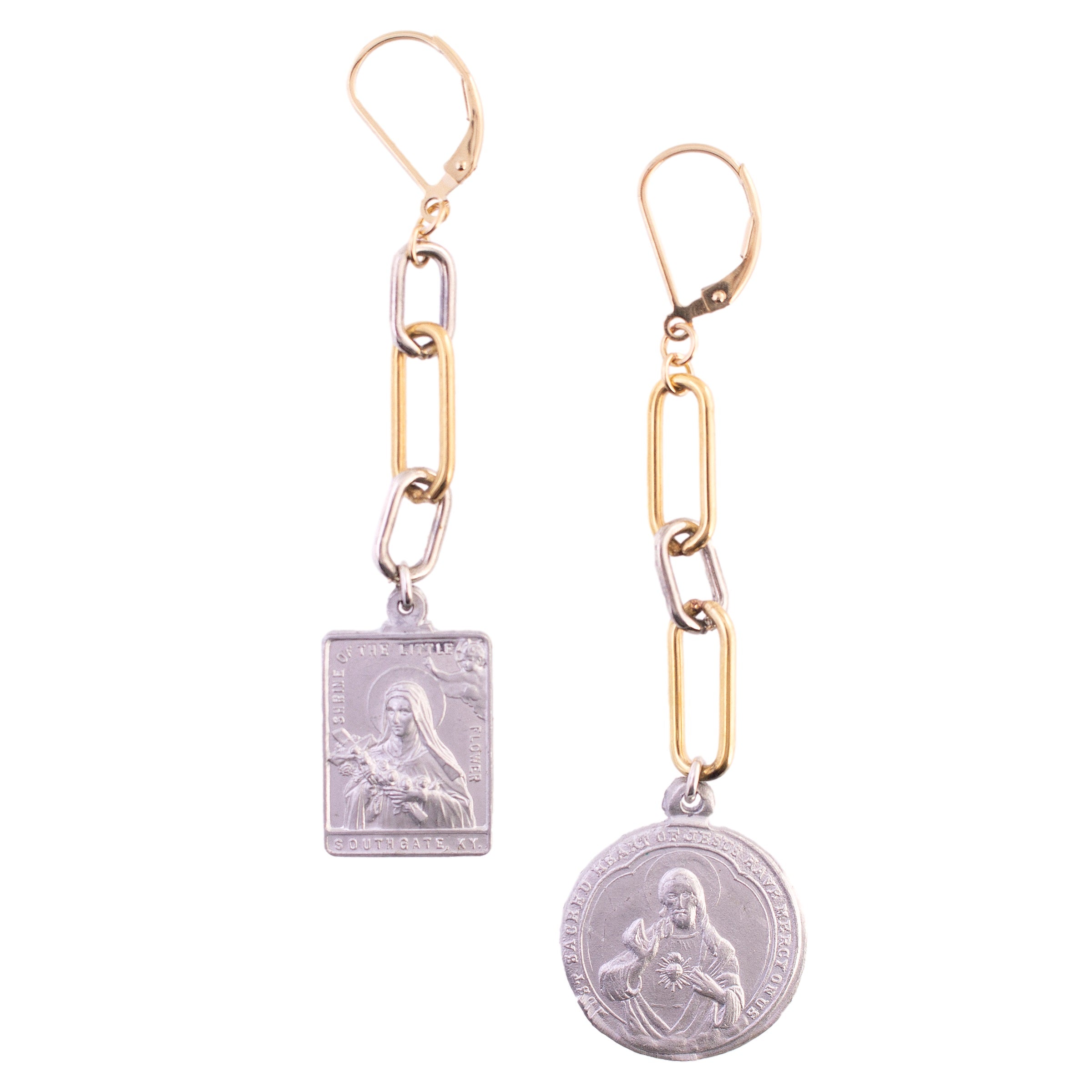 Two Tone Religious Medal Dangle Earrings