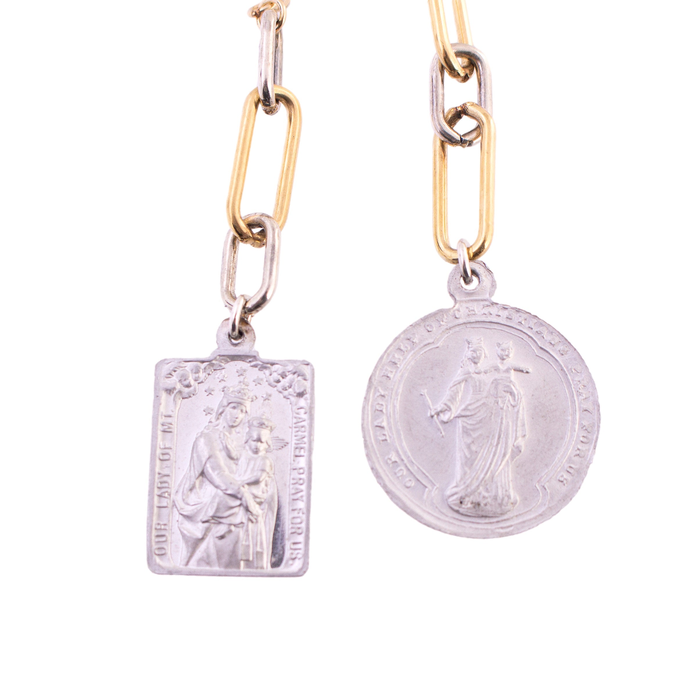 Two Tone Religious Medal Dangle Earrings