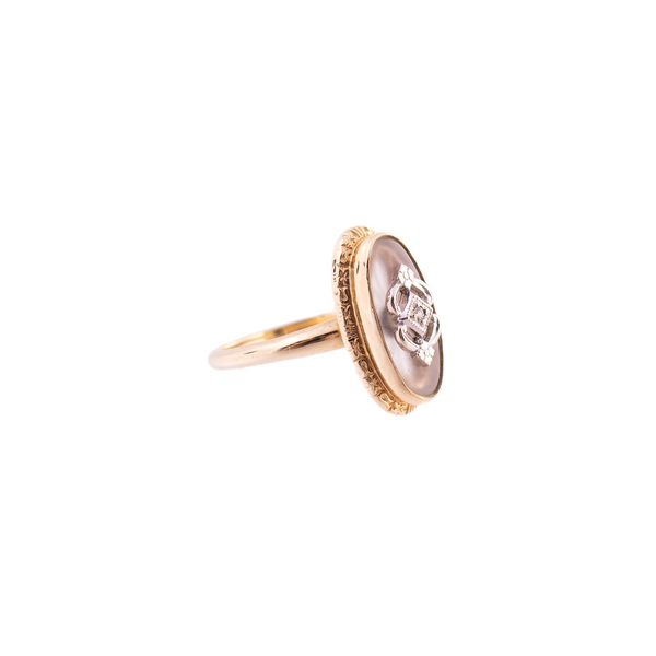 14K Gold Camphor Glass and Diamond Ring