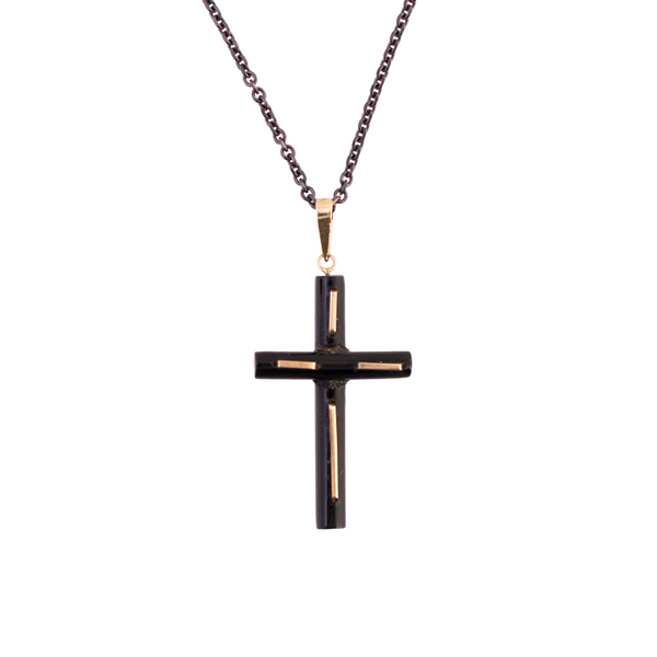 14K Gold and Ebony Cross on Black Stainless Chain