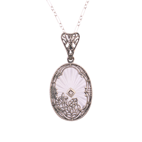 Sterling Camphor Glass and Filigree Necklace